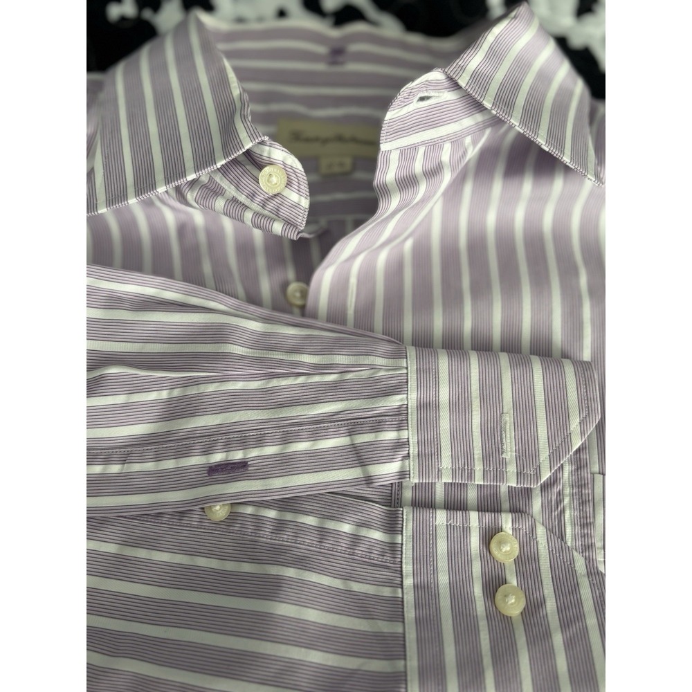 Tommy Bahama Large 17.5 32-34 Plum Striped Long Sleeve Non Iron Spring Pastels